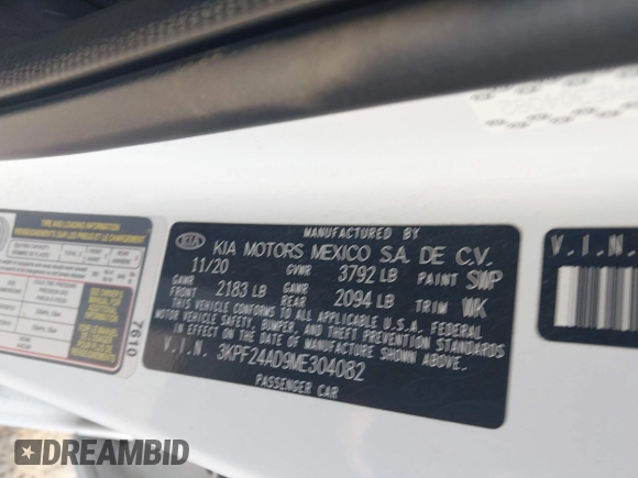2021 Kia Forte LXS с VIN 3KPF24AD9ME304082, выставлен на аукционе IAAI как лот 42400258 с пробегом 64 053 миль миль и . История ставок и продаж доступна на DreamBid. Изображение 9.