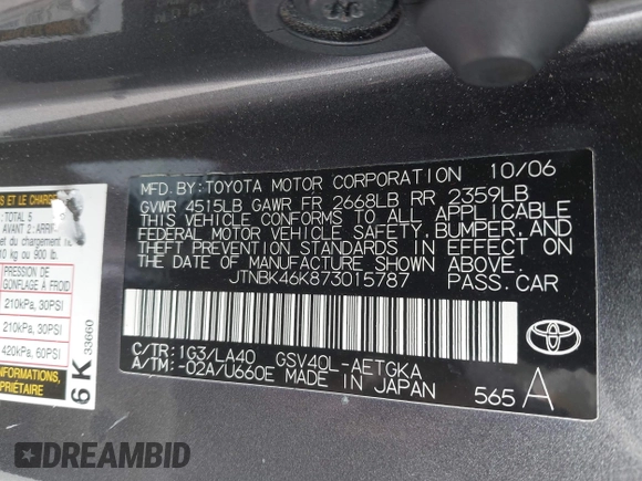 2007 Toyota Camry LE with VIN JTNBK46K873015787, listed as a IAAI auction lot 42071849 with 61,661 mi miles and . Bid and sale history available at DreamBid. Image 9.