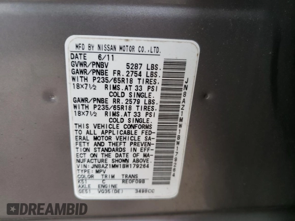 2011 Nissan Murano S с VIN JN8AZ1MW1BW179264, выставлен на аукционе Copart как лот 59979635 с пробегом 122 685 миль миль и Списание • Salvage title. История ставок и продаж доступна на DreamBid. Изображение 12.