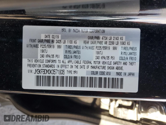 2019 Mazda CX-5 Grand Touring with VIN JM3KFBDM0K0571806, listed as a Copart auction lot 43395105 with 57,768 mi miles and Salvage Title. Bid and sale history available at carsss.com. Image 13.