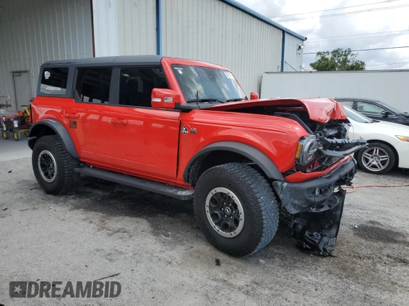 2022 Ford Bronco с VIN 1FMEE5DP9NLB49973, выставлен на аукционе Copart как лот 56214605 с пробегом 23 697 миль миль и Списание • Salvage title. История ставок и продаж доступна на DreamBid. Изображение 4.