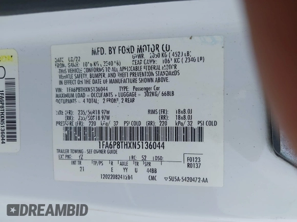 2022 Ford Mustang EcoBoost с VIN 1FA6P8THXN5136044, выставлен на аукционе IAAI как лот 41929087 с пробегом 46 896 миль миль и . История ставок и продаж доступна на DreamBid. Изображение 9.