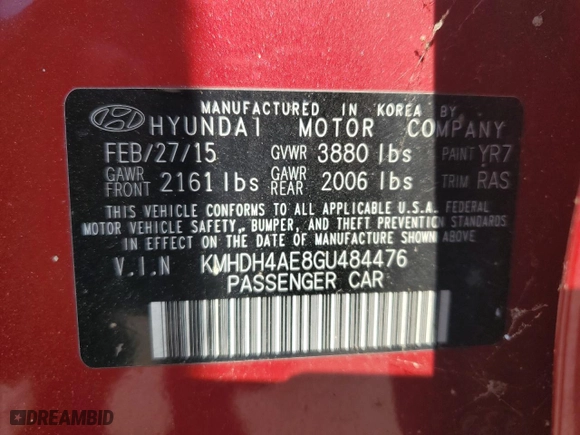 2016 Hyundai Elantra SE with VIN KMHDH4AE8GU484476, listed as a Copart auction lot 57200834 with 43,505 mi miles and Clean Title. Bid and sale history available at carsss.com. Image 12.
