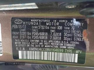 2011 Hyundai Veracruz GLS with VIN KM8NU4CC0BU164699, listed as a IAAI auction lot 41692874 with 191,554 mi miles and . Bid and sale history available at DreamBid. Image 9.