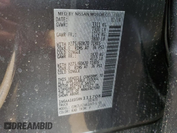 2024 Nissan Titan Pro-4X with VIN 1N6AA1ED5RN111708, listed as a Copart auction lot 42356375 with 31,487 mi miles and Salvage title. Bid and sale history available at DreamBid. Image 12.