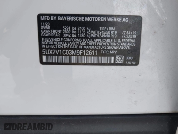 2021 BMW X4 xDrive30i with VIN 5UX2V1C03M9F12611, listed as a IAAI auction lot 42145740 with 60,417 mi miles and . Bid and sale history available at DreamBid. Image 9.