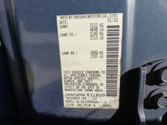 2010 Nissan Maxima 3.5 SV w/Premium Pkg with VIN 1N4AA5AP6AC831809, listed as a IAAI auction lot 41684547 with 123,194 mi miles. Bid and sale history available at carsss.com. Image 9.