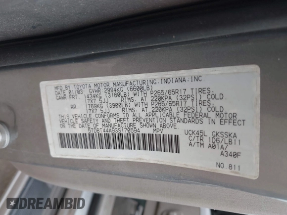 2003 Toyota Sequoia SR5 with VIN 5TDBT44A93S170594, listed as a IAAI auction lot 42251396 with 218,620 mi miles and . Bid and sale history available at DreamBid. Image 9.