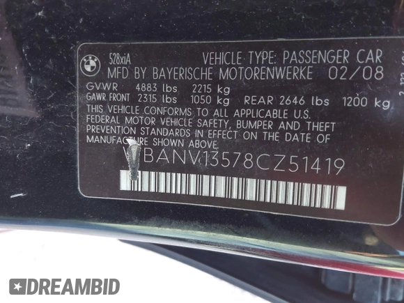 2008 BMW 5 Series 528xi with VIN WBANV13578CZ51419, listed as a IAAI auction lot 41265909 with 213,152 mi miles. Bid and sale history available at carsss.com. Image 9.