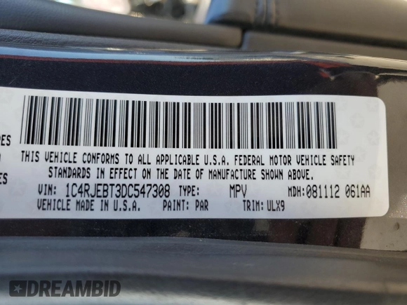 2013 Jeep Grand Cherokee Limited with VIN 1C4RJEBT3DC547308, listed as a Copart auction lot 87060544 with 191,561 mi miles and Salvage Title. Bid and sale history available at carsss.com. Image 15.