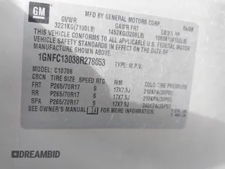 2008 Chevrolet Tahoe 1LT with VIN 1GNFC13038R278053, listed as a IAAI auction lot 42533444 with 168,466 mi miles and . Bid and sale history available at DreamBid. Image 9.