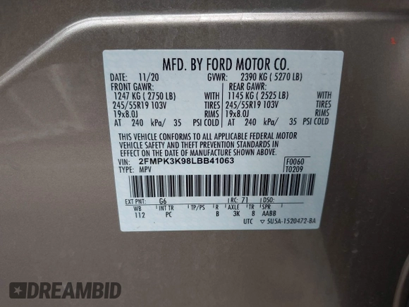 2020 Ford Edge Titanium with VIN 2FMPK3K98LBB41063, listed as a IAAI auction lot 42204966 with 40,808 mi miles and . Bid and sale history available at DreamBid. Image 9.