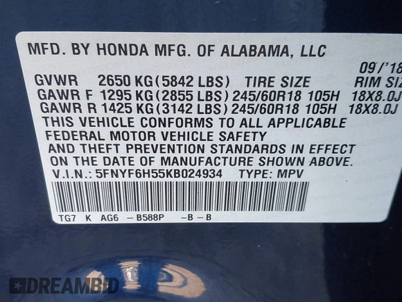 2019 Honda Pilot EX-L with VIN 5FNYF6H55KB024934, listed as a IAAI auction lot 41878656 with 102,129 mi miles. Bid and sale history available at carsss.com. Image 9.