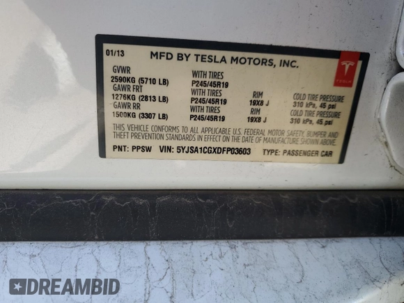 2013 Tesla Model S with VIN 5YJSA1CGXDFP03603, listed as a Copart auction lot 49352135 with 129,203 mi miles and Salvage title. Bid and sale history available at DreamBid. Image 13.