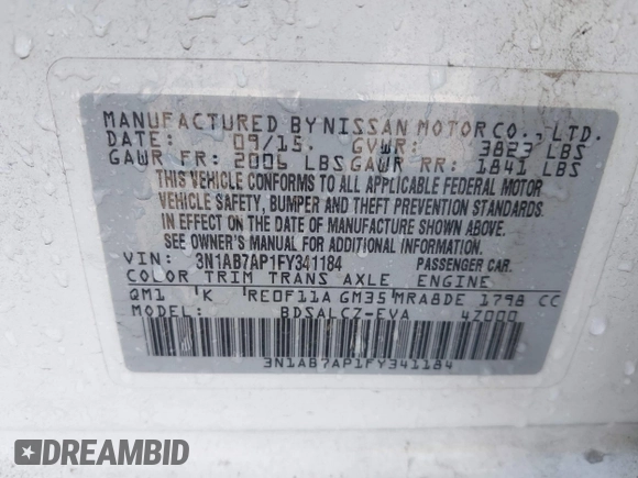 2015 Nissan Sentra SR with VIN 3N1AB7AP1FY341184, listed as a IAAI auction lot 41998906 with 113,340 mi miles and . Bid and sale history available at DreamBid. Image 9.