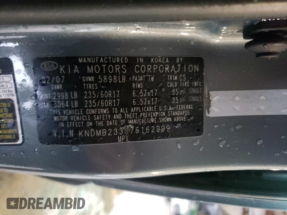 2007 Kia Sedona LX with VIN KNDMB233576162999, listed as a Copart auction lot 44761085 with 184,798 mi miles and Salvage Title. Bid and sale history available at carsss.com. Image 13.