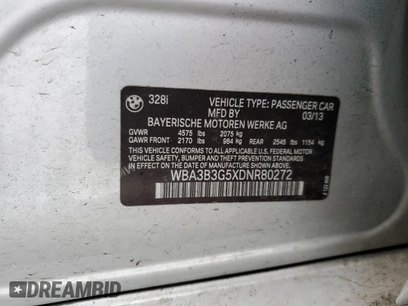 2013 BMW 3 Series 328i xDrive with VIN WBA3B3G5XDNR80272, listed as a Copart auction lot 50423105 with 89,207 mi miles and Salvage Title. Bid and sale history available at carsss.com. Image 12.