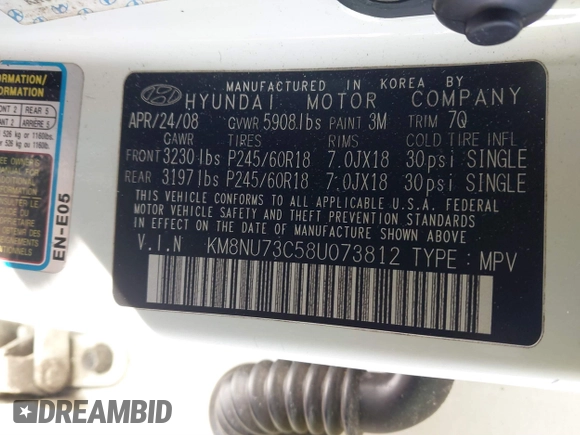 2008 Hyundai Veracruz GLS with VIN KM8NU73C58U073812, listed as a IAAI auction lot 41491009 with 95,081 mi miles and . Bid and sale history available at DreamBid. Image 9.