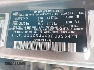 2015 Kia Optima SX Turbo with VIN 5XXGR4A6XFG395441, listed as a IAAI auction lot 41460842 with 140,958 mi miles. Bid and sale history available at carsss.com. Image 9.