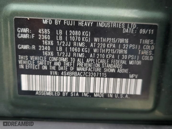 2012 Subaru Outback 2.5i with VIN 4S4BRBAC7C3207115, listed as a Copart auction lot 49169095 with 203,331 mi miles and Salvage Title. Bid and sale history available at carsss.com. Image 13.