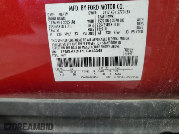 2020 Ford Explorer XLT with VIN 1FMSK7DH7LGA43348, listed as a Copart auction lot 46644985 with 102,969 mi miles and Salvage Title. Bid and sale history available at carsss.com. Image 13.