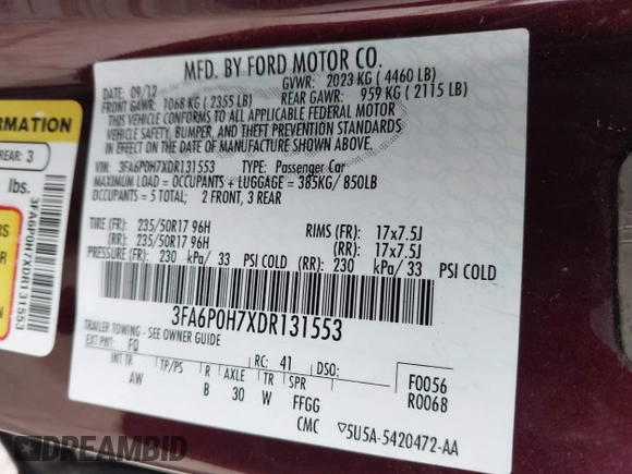 2013 Ford Fusion SE with VIN 3FA6P0H7XDR131553, listed as a IAAI auction lot 41711758 with 99,988 mi miles. Bid and sale history available at carsss.com. Image 9.