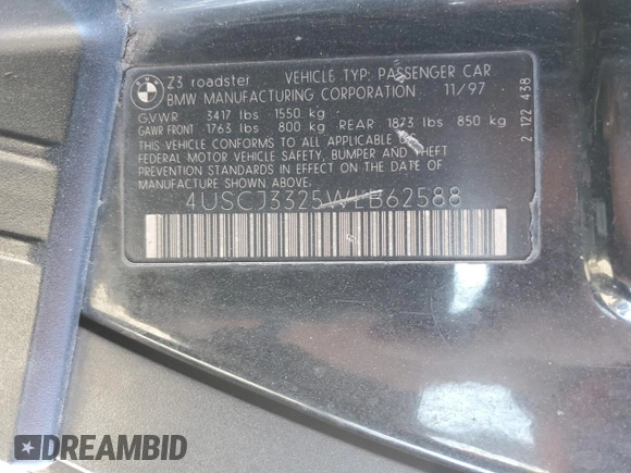 1998 BMW 3 Series Z3 2.8 z VIN 4USCJ3325WLB62588, wystawiony jako Copart lot #76394924 z przebiegiem 126 025 mil mil oraz Szkoda całkowita • Salvage title. Historia ofert i sprzedaży dostępna na DreamBid. Obrazek 12.