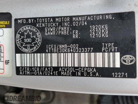 2004 Toyota Camry LE with VIN 4T1BE30K64U323377, listed as a Copart auction lot 58249465 with 274,902 mi miles and Salvage title. Bid and sale history available at DreamBid. Image 13.