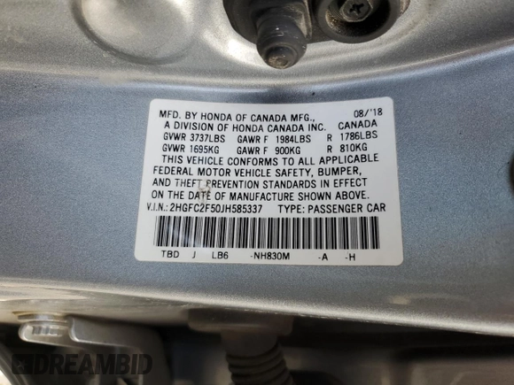 2018 Honda Civic Sedan LX with VIN 2HGFC2F50JH585337, listed as a Copart auction lot 85595484 with 196,992 mi miles and Salvage Title. Bid and sale history available at carsss.com. Image 12.