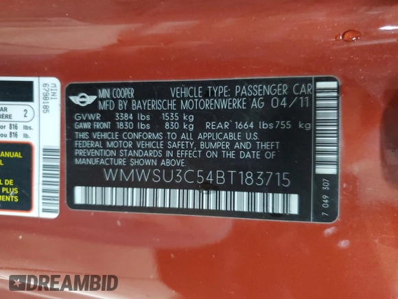 2011 MINI Hardtop with VIN WMWSU3C54BT183715, listed as a Copart auction lot 61479655 with 151,657 mi miles and Clean title. Bid and sale history available at DreamBid. Image 12.