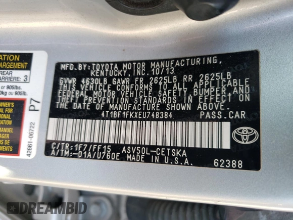 2014 Toyota Camry L with VIN 4T1BF1FKXEU748384, listed as a Copart auction lot 50399185 with 277,724 mi miles and Salvage Title. Bid and sale history available at DreamBid. Image 12.