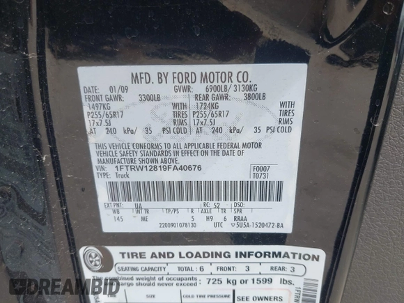 2009 Ford F-150 XL with VIN 1FTRW12819FA40676, listed as a IAAI auction lot 42292855 with Not provided miles and . Bid and sale history available at DreamBid. Image 9.