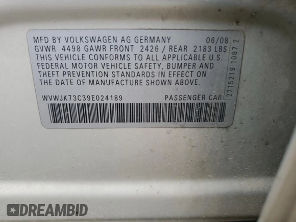 2009 Volkswagen Passat Komfort z VIN WVWJK73C39E024189, wystawiony jako Copart lot #48252385 z przebiegiem Nie podano mil oraz Szkoda całkowita • Salvage title. Historia ofert i sprzedaży dostępna na DreamBid. Obrazek 12.
