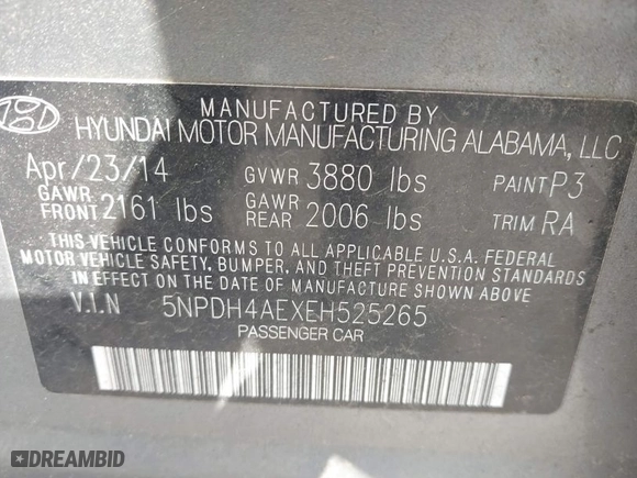 2014 Hyundai Elantra Limited with VIN 5NPDH4AEXEH525265, listed as a IAAI auction lot 42022395 with 173,561 mi miles. Bid and sale history available at carsss.com. Image 9.