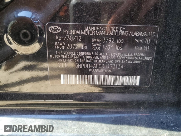 2013 Hyundai Elantra Limited with VIN 5NPDH4AE0DH173134, listed as a Copart auction lot 55159565 with 176,013 mi miles and Salvage Title. Bid and sale history available at DreamBid. Image 13.