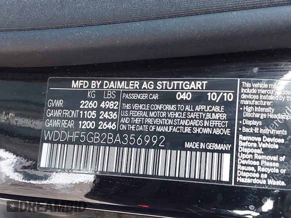 2011 Mercedes-Benz E-Class E 350 Luxury with VIN WDDHF5GB2BA356992, listed as a IAAI auction lot 41928058 with 125,525 mi miles. Bid and sale history available at carsss.com. Image 9.