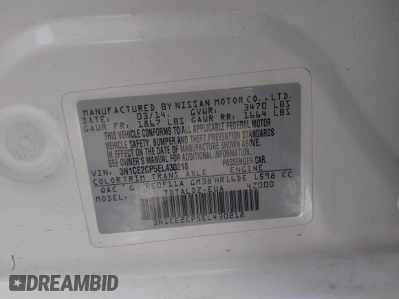 2014 Nissan Note SV with VIN 3N1CE2CP5EL430218, listed as a IAAI auction lot 42068575 with 185,268 mi miles and . Bid and sale history available at DreamBid. Image 9.