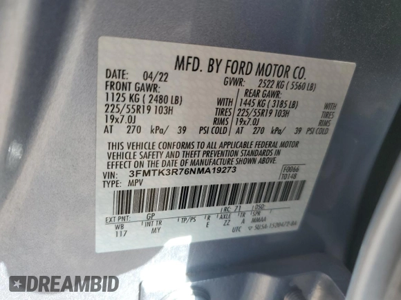 2022 Ford Mustang Mach-E Premium с VIN 3FMTK3R76NMA19273, выставлен на аукционе Copart как лот 51270325 с пробегом 30 114 миль миль и Списание • Salvage title. История ставок и продаж доступна на DreamBid. Изображение 12.