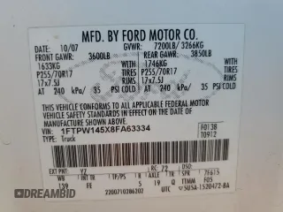 2008 Ford F-150 XLT с VIN 1FTPW145X8FA63334, выставлен на аукционе Copart как лот 57066415 с пробегом Не указан миль и Списание • Salvage title. История ставок и продаж доступна на DreamBid. Изображение 12.