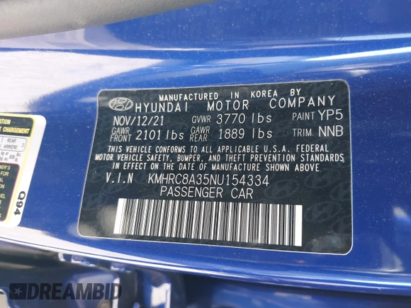 2022 Hyundai Venue SEL with VIN KMHRC8A35NU154334, listed as a IAAI auction lot 41732747 with 38,578 mi miles and . Bid and sale history available at DreamBid. Image 9.