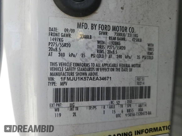 2010 Ford Expedition Limited с VIN 1FMJU1K57AEA34671, выставлен на аукционе Copart как лот 50102085 с пробегом 179 181 миль миль и Списание • Salvage title. История ставок и продаж доступна на DreamBid. Изображение 15.