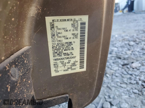 2005 Nissan Titan XE with VIN 1N6BA06A75N520497, listed as a Copart auction lot 47412095 with 170,653 mi miles and Salvage Title. Bid and sale history available at carsss.com. Image 12.