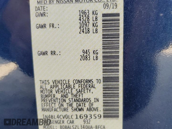 2020 Nissan Altima 2.5 SR with VIN 1N4BL4CV0LC169359, listed as a Copart auction lot 50250665 with 53,850 mi miles and Non Repairable. Bid and sale history available at carsss.com. Image 14.