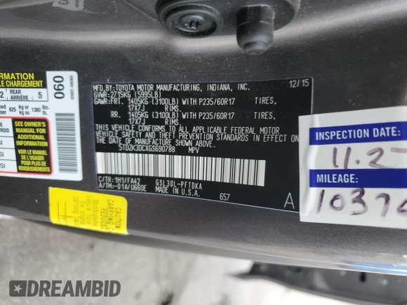 2016 Toyota Sienna L with VIN 5TDZK3DCXGS690788, listed as a Copart auction lot 43284565 with 154,559 mi miles and Salvage title. Bid and sale history available at DreamBid. Image 15.