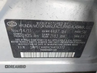 2012 Hyundai Sonata SE with VIN 5NPEC4ABXCH419372, listed as a IAAI auction lot 41877523 with 200,148 mi miles and . Bid and sale history available at carsss.com. Image 9.