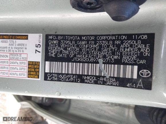 2009 Toyota Prius with VIN JTDKB20U897862713, listed as a IAAI auction lot 41744286 with 1 mi miles. Bid and sale history available at carsss.com. Image 9.