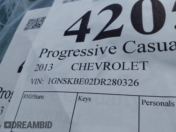 2013 Chevrolet Tahoe LT with VIN 1GNSKBE02DR280326, listed as a IAAI auction lot 42051269 with Not provided miles and . Bid and sale history available at DreamBid. Image 9.