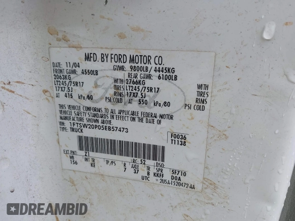 2005 Ford F-250 XL with VIN 1FTSW20P05EB57473, listed as a IAAI auction lot 42446099 with Not provided miles and . Bid and sale history available at DreamBid. Image 9.
