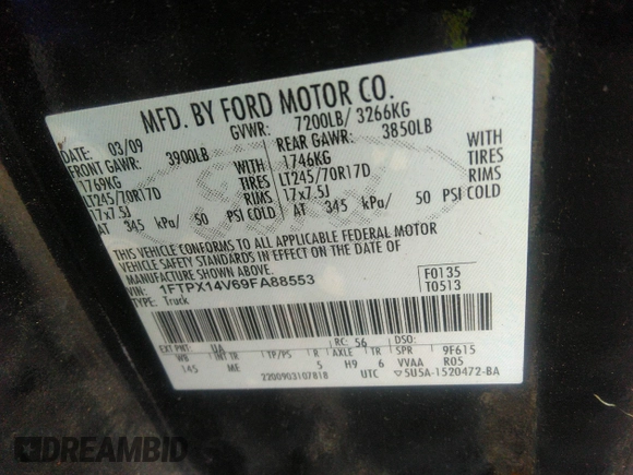 2009 Ford F-150 XL with VIN 1FTPX14V69FA88553, listed as a IAAI auction lot 39347113 with Not provided miles and . Bid and sale history available at DreamBid. Image 9.