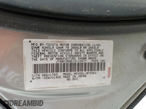 2001 Lexus ES 300 with VIN JT8BF28G615110977, listed as a Copart auction lot 55073025 with 194,948 mi miles and Salvage Title. Bid and sale history available at DreamBid. Image 12.